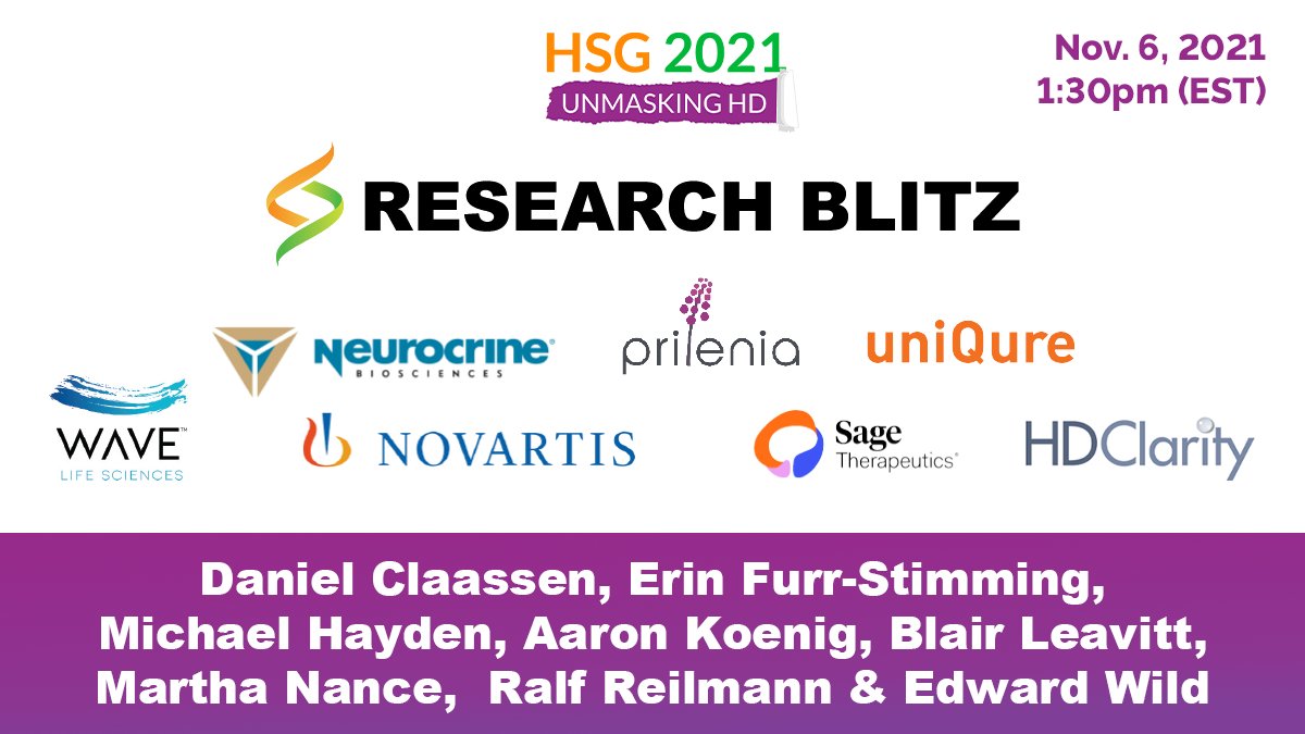 HuntingtonSG's tweet photo. An informative session with Neurocrine, @PrileniaTx, @uniQure_NV, @WaveLifeSci, @Novartis, @SageBiotech &amp; @HDClarityStudy!

#HSG2021 #UnmaskingHD #HuntingtonsDisease https://t.co/NI1JqjWGDc