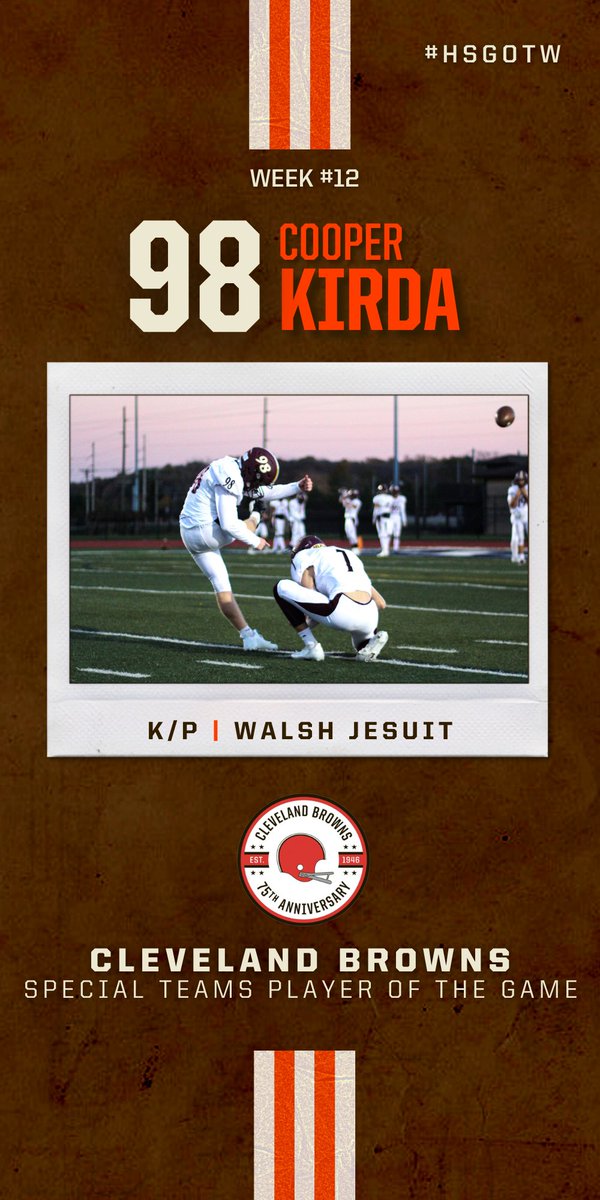 BrownsYouthFB's tweet photo. Congratulations to the #HSGOTW Extended Playoff Coverage- “Special Teams Player of the Game”🏈

#98 | K/P | @CKirda
1-1 FG | 2 XP’s https://t.co/xIqM7LqDYf