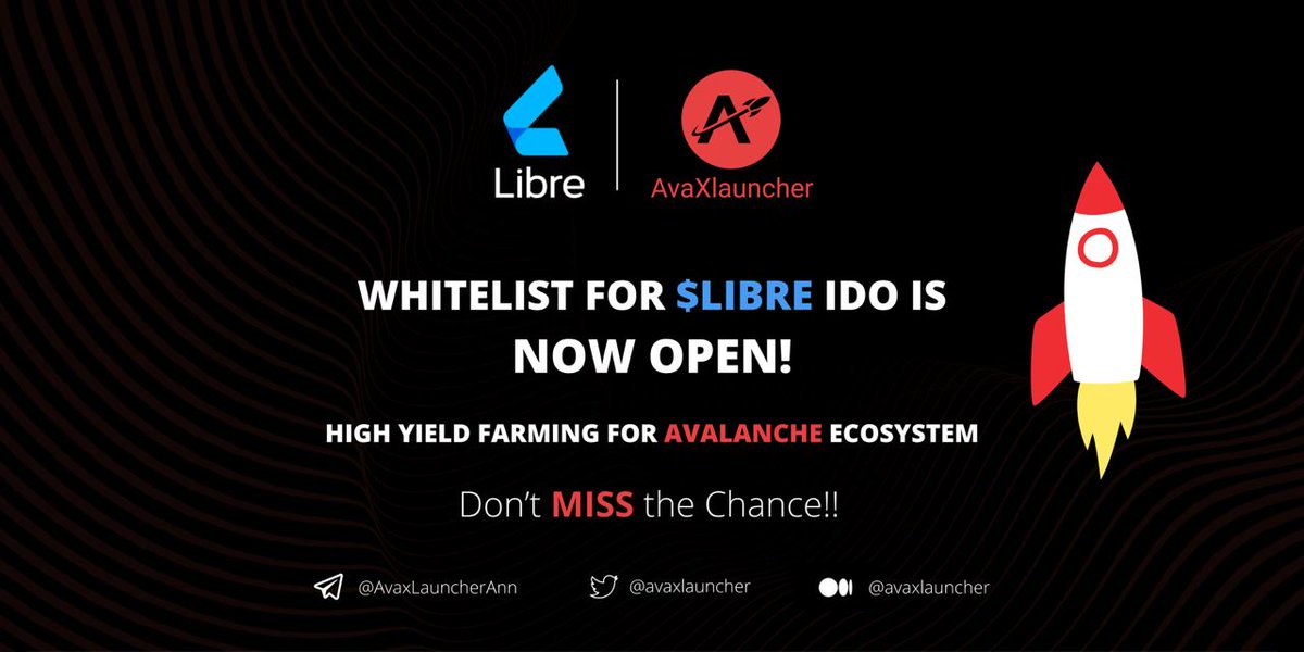 AvaXlauncher (@avaxlauncher) on Twitter photo π’ Ready to be a part of @LibreDeFi ?
We are excited to announce $LIBRE IDO on <a href="/AvaXlauncher/">AvaXlauncher</a> this Tuesday, 9th November at 3 PM UTC π₯
How to get in $LIBRE IDO? Continue reading below ππ π’ Ready to be a part of @LibreDeFi ?
We are excited to announce $LIBRE IDO on <a href="/AvaXlauncher/">AvaXlauncher</a> this Tuesday, 9th November at 3 PM UTC π₯
How to get in $LIBRE IDO? Continue reading below ππ