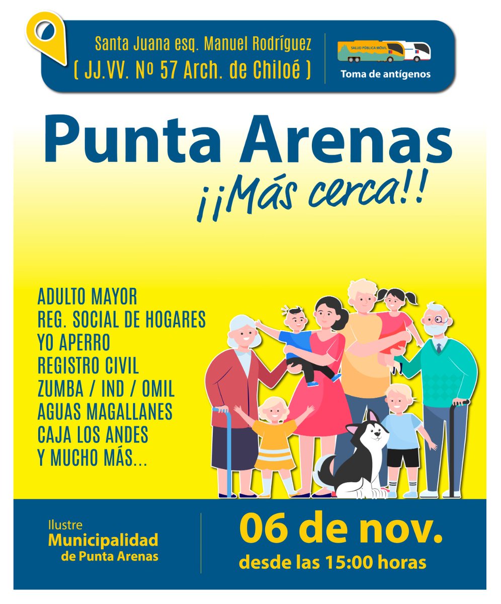 #PuntaArenas 😉 Los esperamos desde las 15 hrs en un nuevo operativo de #PuntaArenasMásCerca en el Barrio archipielago de chiloé. Área Adulto Mayor, Registro Social de Hogares, Yo aperro y mucho más.
Revisa la siguiente gráfica para más información ✍️👇
