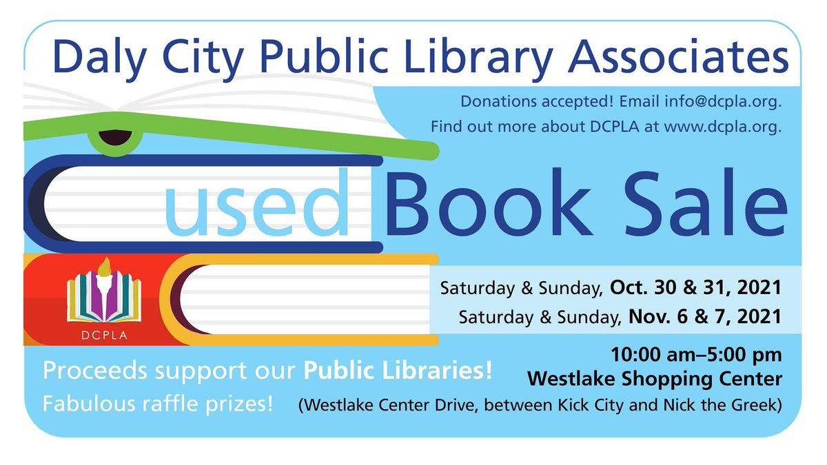 ClaytonKoo's tweet photo. This is the last weekend of the Daly City Public Library Associates’ Used Book Sale from 10am - 5pm at Westlake Shopping Center in Daly City (457 Westlake Center).
All proceeds and donations go to support our local public libraries! #DCPLA https://t.co/zQbsr0eDWo