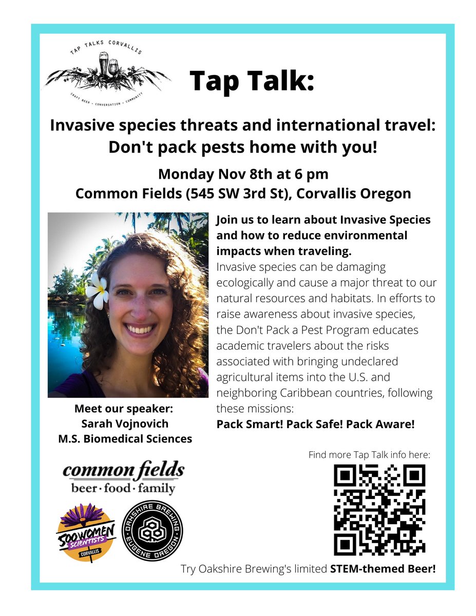 Tap Talks Corvallis (@taptalkscorvall) on Twitter photo We are back!! #TapTalks are once again IN PERSON, now at Common Fields every 2nd Monday 6-7 pm in #Corvallis. Join us this Monday to hear Sarah Vojnovich, M.S., on how to not pack #InvasiveSpecies home with you after #international travel!
<a href="/500WS_Corvallis/">500WomenScientists_Corvallis</a>
<a href="/Oakshire/">Oakshire Brewing</a> We are back!! #TapTalks are once again IN PERSON, now at Common Fields every 2nd Monday 6-7 pm in #Corvallis. Join us this Monday to hear Sarah Vojnovich, M.S., on how to not pack #InvasiveSpecies home with you after #international travel!
<a href="/500WS_Corvallis/">500WomenScientists_Corvallis</a>
<a href="/Oakshire/">Oakshire Brewing</a>