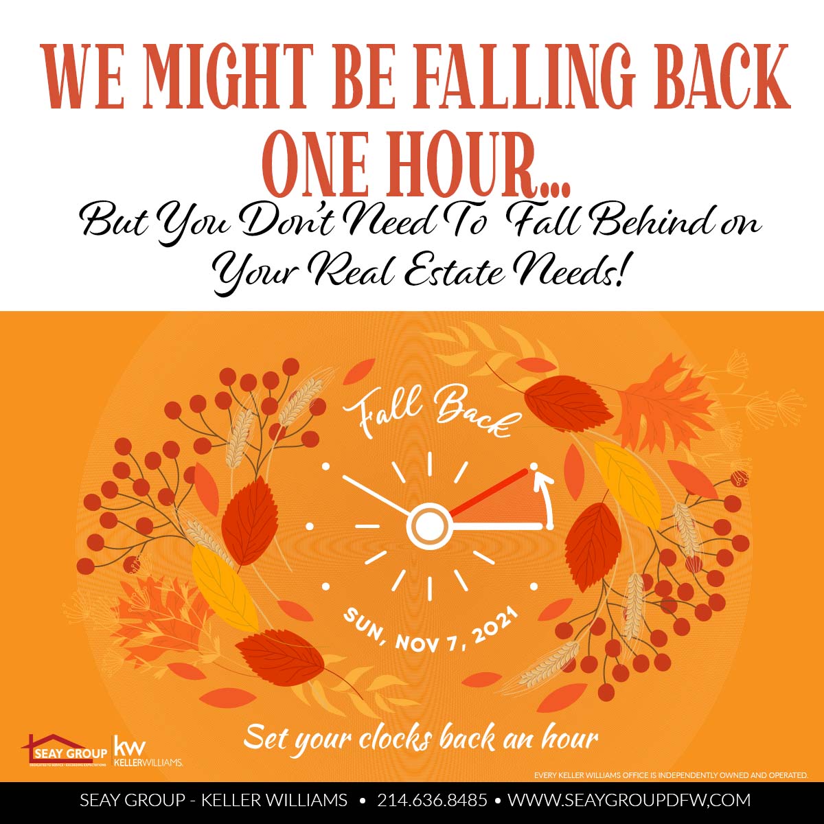 SteveSeayMetro's tweet photo. It's time to reset those clocks! Don't forget to set your clocks back one hour for the time change.
#ArgyleTX #DentonTX #CorinthTX #LantanaTX #DFW #lantanatxrealtor #SOLD #realtor #dentoncounty #bridlewood #flowermound #dfwrealestate #movetotexas #letsmovetotexas #FallBack https://t.co/6LBnB4cUEe