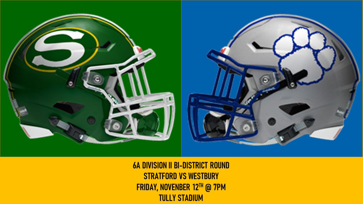 Bi-District Playoffs vs Westbury Friday Nov. 12th @ 7pm, Tully Stadium. <a href="/77079Athletics/">Stratford High School Athletics</a> <a href="/StratfordSBISD/">Stratford HS</a> <a href="/stratford_cheer/">STRATFORD CHEER</a> <a href="/S_H_S_Band/">Stratford HS Band</a> <a href="/spartanaires/">Stratford Spartanaire Dance Team</a> <a href="/SHS_BoosterClub/">Stratford Booster</a> <a href="/Matt_Stepp817/">Matt Stepp</a> <a href="/vypehouston/">VYPE Houston</a> <a href="/ToddFreed57/">Todd Freed</a> <a href="/TheLapinator/">Elliott Lapin</a> 
Tickets: gofan.co/app/events/437…