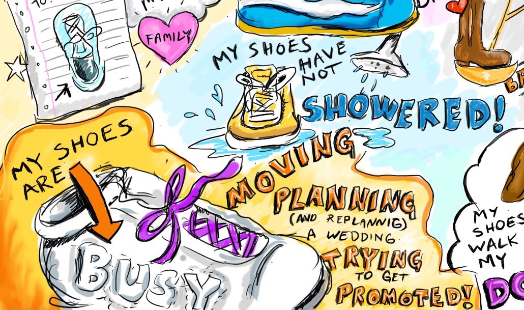 TheresaCrout's tweet photo. I ❤️ #visualscribing. I was part of an exercise about being vulnerability and empathy. Participants were asked to talk about what it’s like to “walk in my shoes.” I heard stories of mental health, caregiving, pets and hope. Here are snips of the #illustration that I captured. https://t.co/ddC6fvhlEE