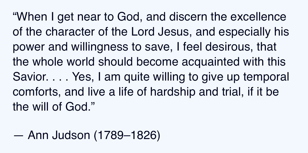MattSmethurst's tweet photo. In 1811, Adoniram Judson asked Ann Hasseltine to marry and join him to India. No woman had ever left America to become a missionary to unreached people.

She wrote the following in her diary. https://t.co/zSAatxyAyV