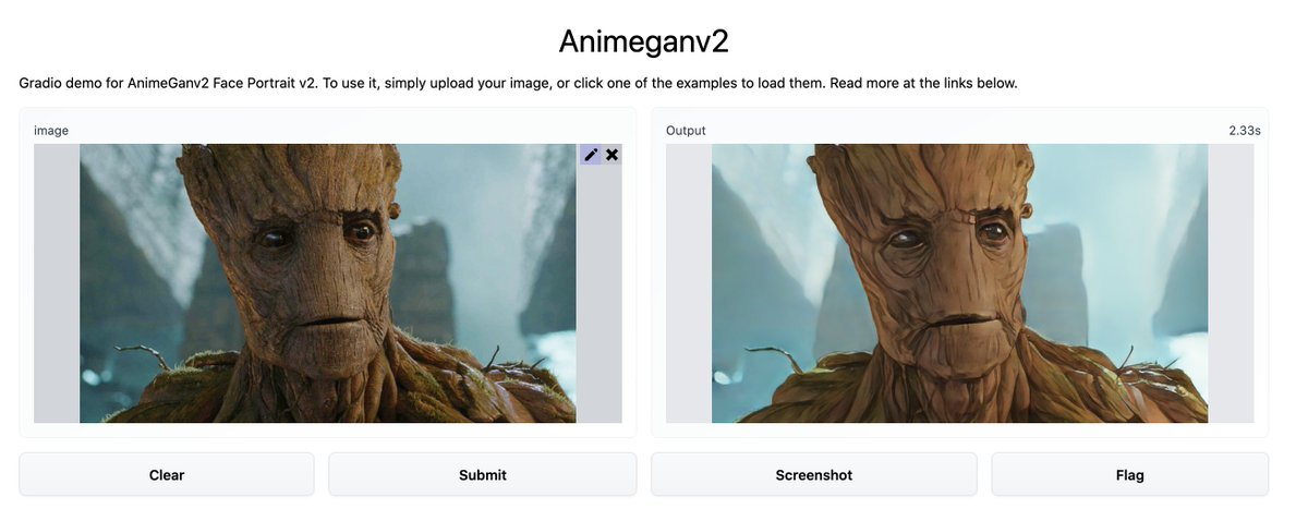 _akhaliq's tweet image. .@Gradio Demo for AnimeGANv2 Face Portrait v2 now on @huggingface Spaces
demo: huggingface.co/spaces/akhaliq…
github: github.com/bryandlee/anim…