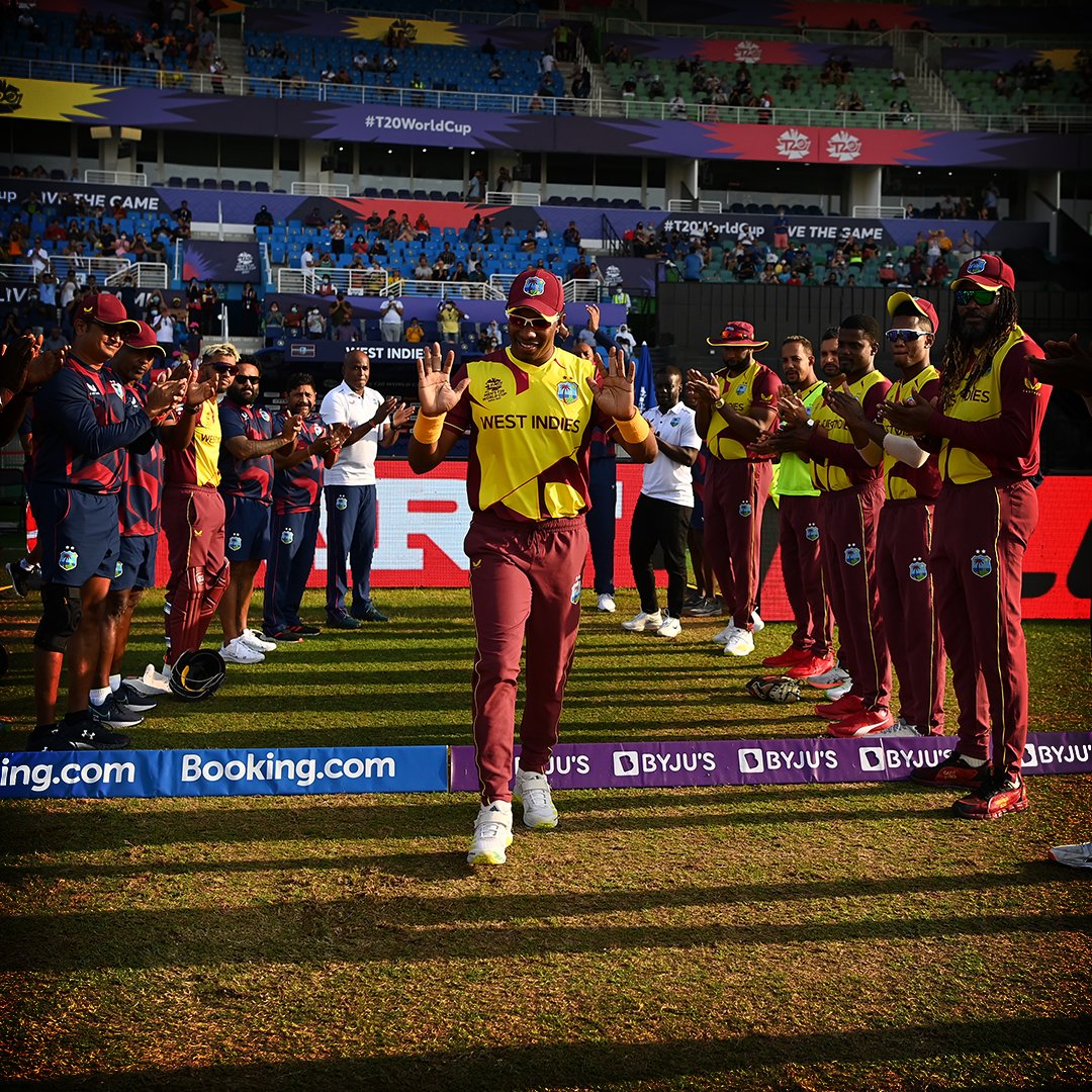 ICC's tweet photo. A West Indies guard of honour for Dwayne Bravo who calls it a day after appearing in all seven T20 World Cups and helping the team lift the trophy twice 🏆

@RoyalStaglil | #LiveItLarge https://t.co/9nGKwuhQUB