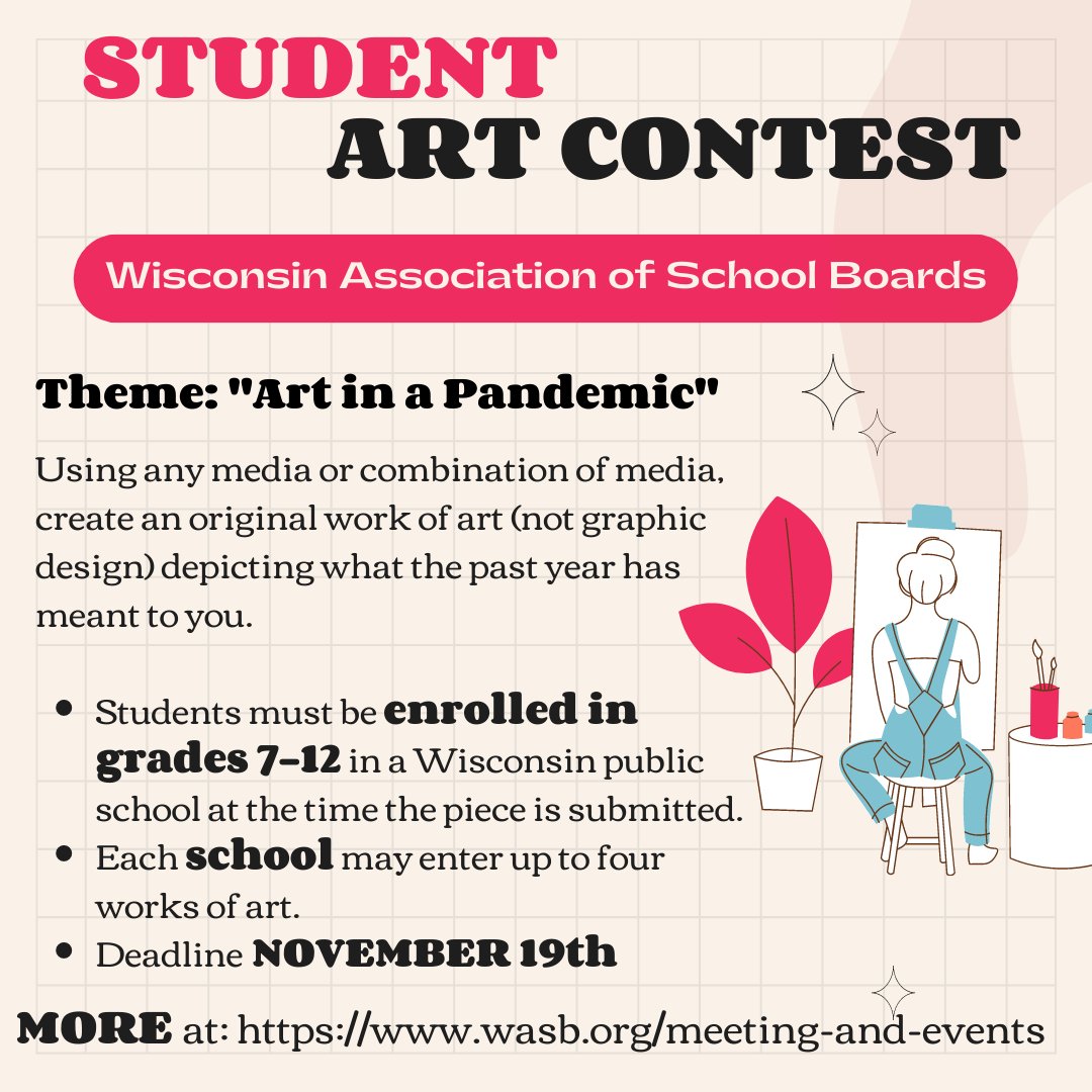 WisconsinArtEd's tweet photo. Good afternoon, Amazing #ArtTeachers!
Looking for an art competition for your grades 7-12 artists? Look no further than the @WASBWI
Find more information at
https://t.co/wlxg0BTrfb
#wiarted https://t.co/MrbneXAZ4w