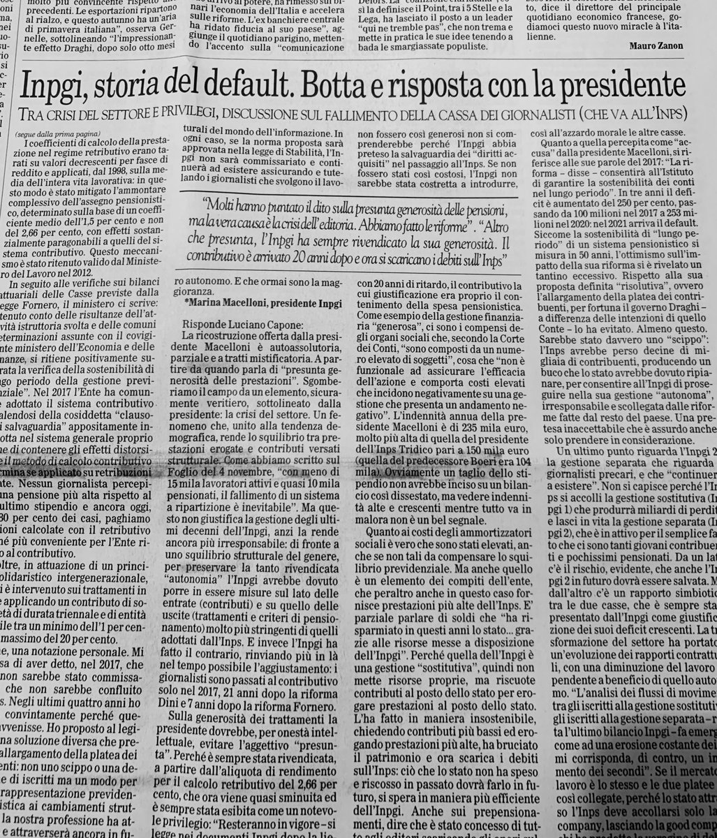 OGiannino's tweet photo. L’accollo a INPS del disastro INPGI deve far vergognare i giornalisti. Viva @lucianocapone che risponde per le rime a chi oggi guida l’istituto e ancora prova a racconta corbellerie… https://t.co/2NyZaofs5I