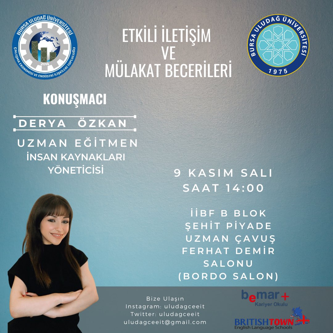 uludagceeit's tweet photo. Input &amp; DataHous Teknoloji İnsan Kaynakları Yöneticisi ve Uzman eğitmen Derya Özkan ile “Etkili İletişim ve Mülakat Becerileri”konu başlığı ile bizlerle birlikte olacak.🤩
Etkinliğimizde düzenlediğimiz çekilişler sizleri bekliyor! 🎉 https://t.co/GbVxZPwQvO