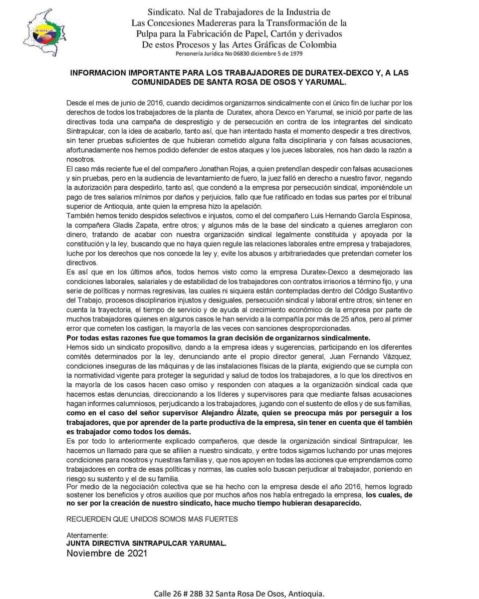 La Intergremial Rechaza  la persecución sindical desatada contra los compañeros de    Sintrapulcar Seccional Yarumal por parte de la empresa DURATEX ahora DEXCO

¡No a  las  políticas antisindical!
#TrabajoDecente