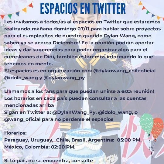 wang_oficial's tweet photo. [06/11/2021] 𝐈𝐧𝐟𝐨𝐫𝐦𝐚𝐜𝐢𝐨́𝐧 

Les invitamos a todos/as al espacios en Twitter que estaremos realizando mañana domingo 07/11 para hablar sobre proyectos para el cumpleaños de nuestro querido Dylan Wang.

𝐂𝐫. 𝐔𝐧𝐢𝐨́𝐧 @dylanwang_py — @wang_oficial
— @idolo_wang https://t.co/E3SAFLLEOG