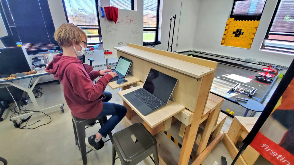 dotsciguy's tweet image. Taking an #eaglescout bleacher project to the next level w/ workstations and a shelf.  It's what mentors do while the team works on their @FTCTeams #freightfrenzy robot and use the new space to work on their #engineeringnotebook.  @StFrancisSDWI @sfrobotics_wi #omgrobots