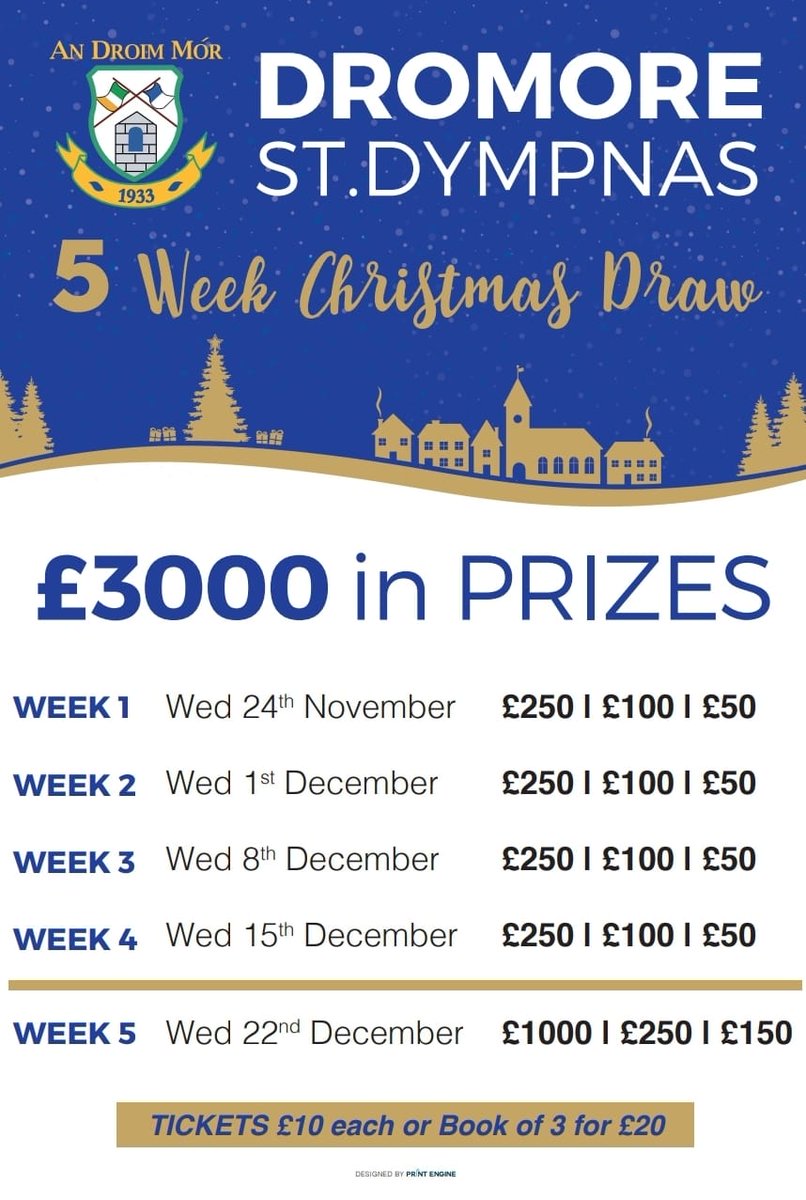 dromoregfc's tweet image. 🔵 5 WEEK CHRISTMAS DRAW 🔵

Tickets for our 5 week Christmas Draw are now on sale. You can buy online through the link below or via any club committee member. Tickets are available in Montague’s Costcutter also. 

buff.ly/31rWub0