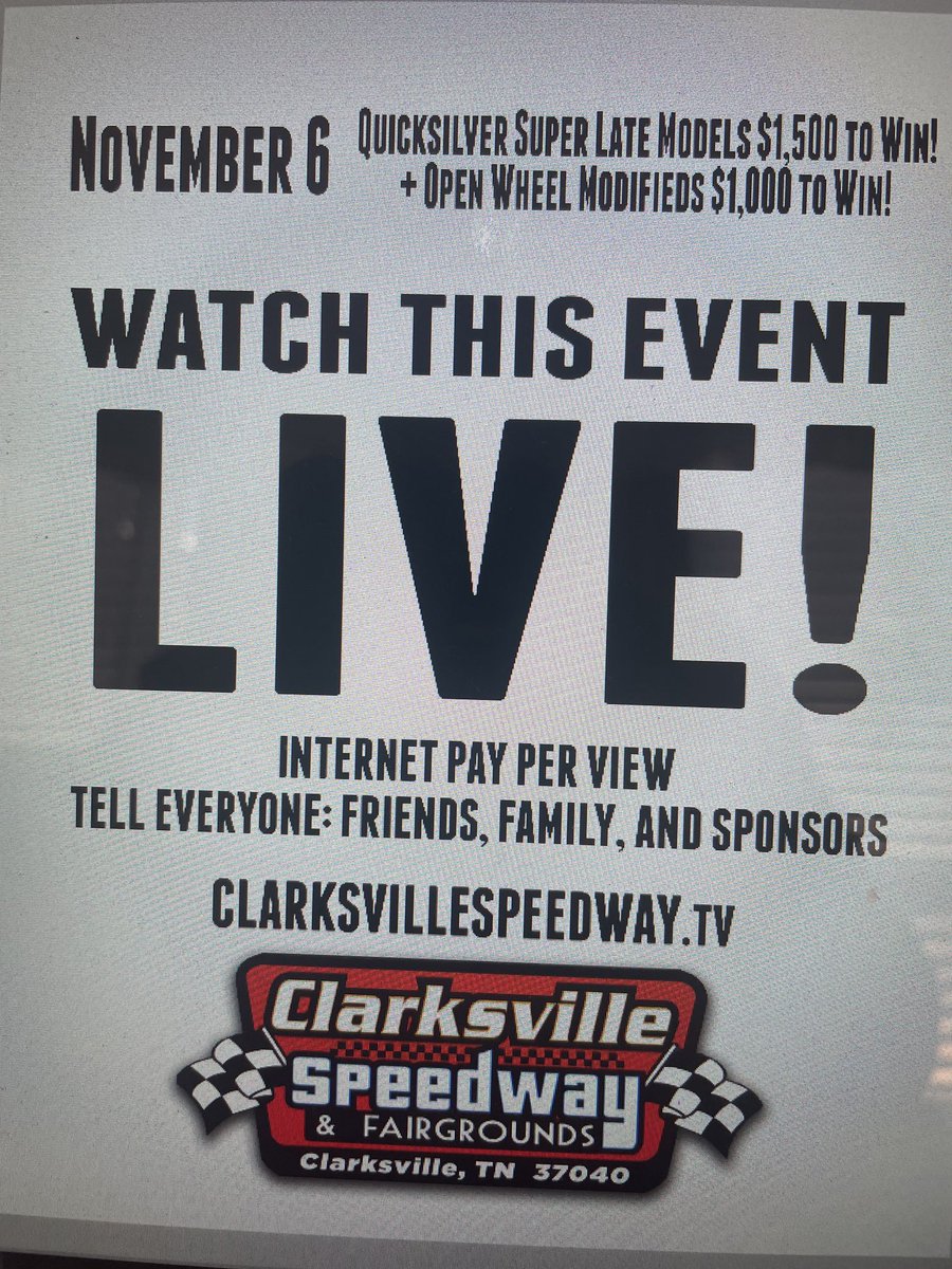 Watch the last race for the 2021 season today at 4 pm at www. ClarksvilleSpeedway.tv