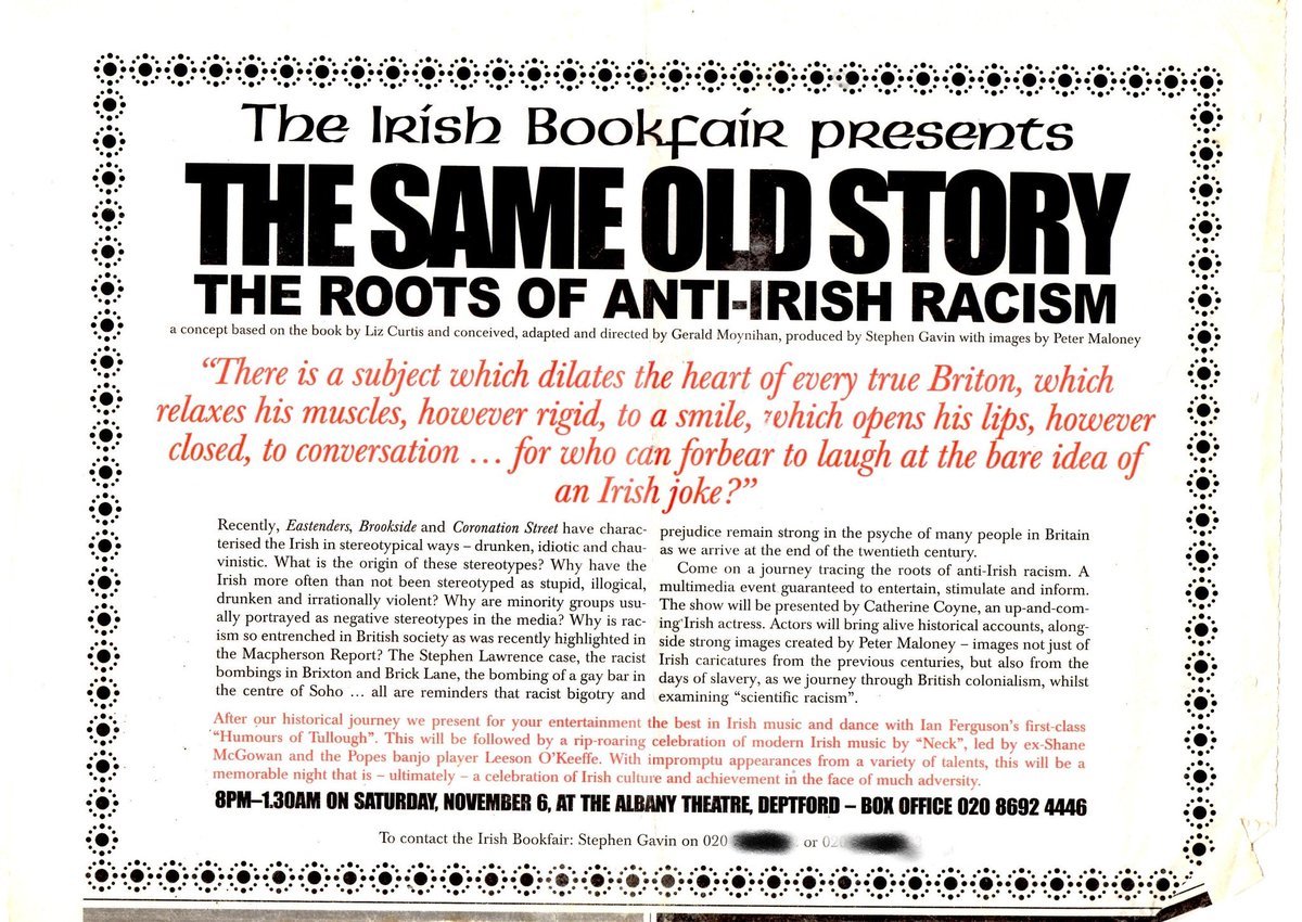 GerryMoynihan's tweet photo. 'NOTHIN' BUT THE SAME OLD STORY - THE ROOTS OF ANTI-IRISH RACISM' was the first show I put on when I arrived in London.
It was staged at The #DeptfordAlbany on 6th November 1999; part of The #Lewisham #IrishFestival.
#IrishInterest #AmWriting #Theatre
#NothingButTheSameOldStory https://t.co/3OzaJBMHGR