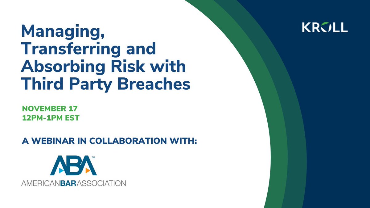 KrollWire's tweet photo. Cyber events are hard enough on an organization. How can you make the #breachnotification process as efficient as possible?
Watch our upcoming webinar in collaboration with @ABAesq featuring our #cyberrisk experts Heather Williams and Christopher Ballod: https://t.co/uXIVb2aSaM https://t.co/AUcTIwBK5I