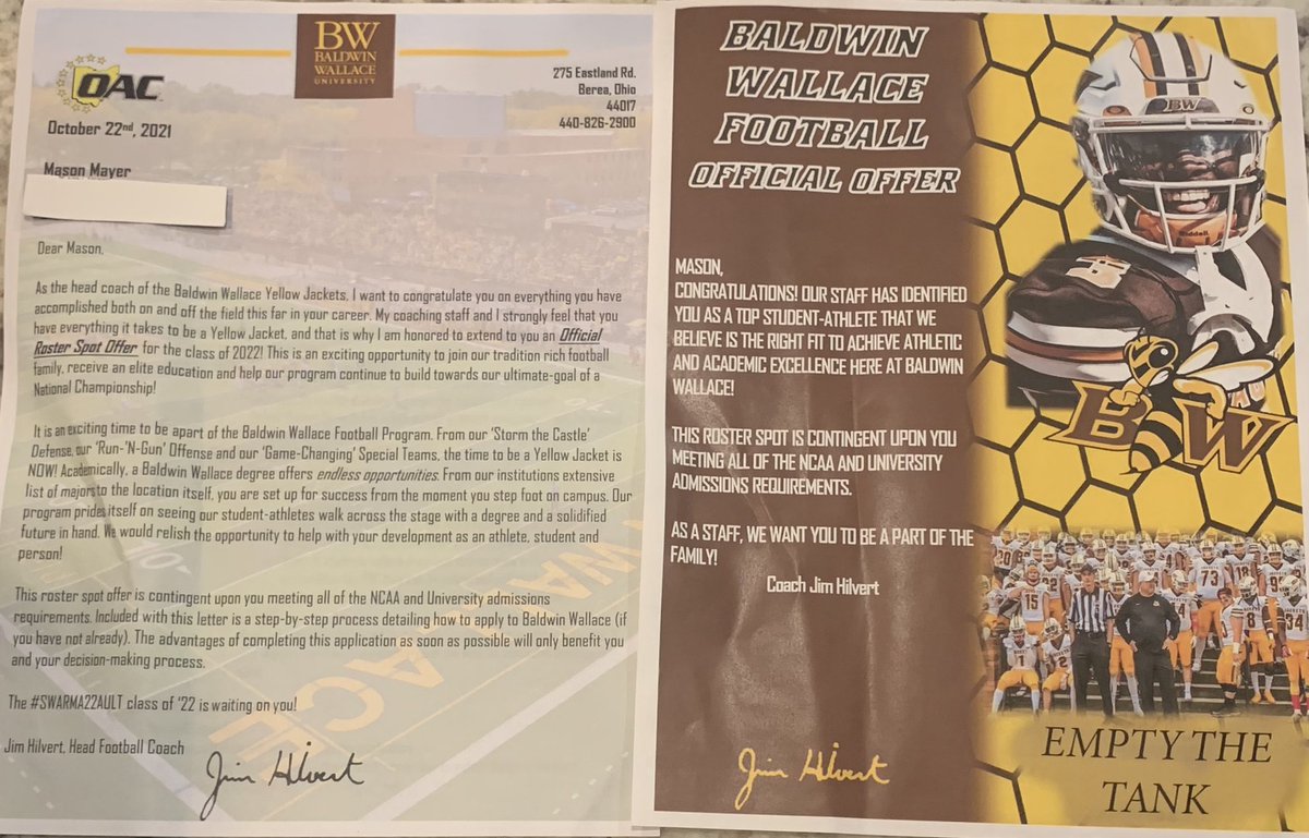 MasonMayer10's tweet image. Excited to receive an opportunity to play football at the next level ‼️@BWYJFootball @CoachHilvert @NOFBpersist @coachparker85