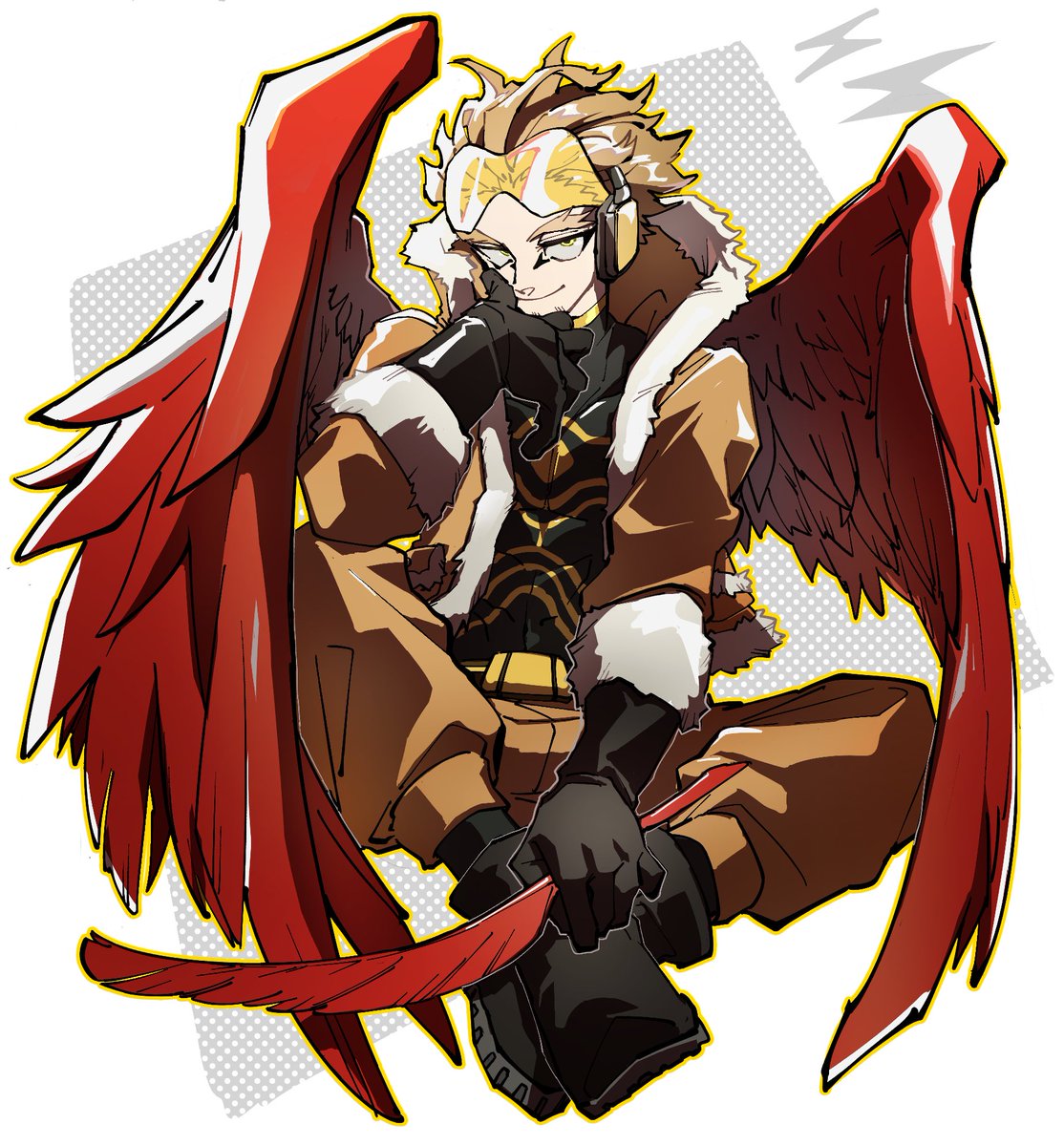 hawks (boku no hero academia) 1boy male focus blonde hair solo gloves wings fur trim  illustration images