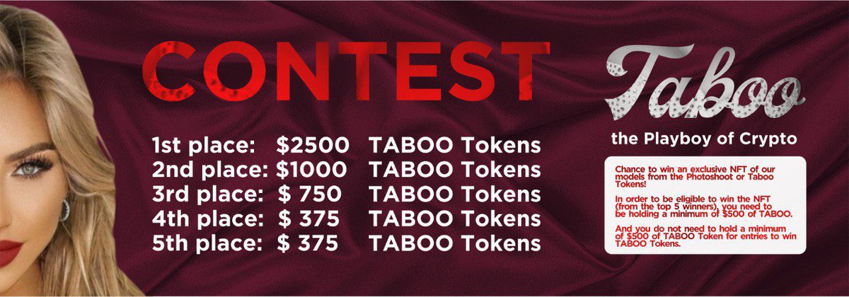 To commemorate our upcoming V1 Marketplace Launch+1Mill$ of NFT content  

And to celebrate media releases on $TABOO such as Yahoo Finance👇🏼
finance.yahoo.com/news/taboo-dom…

We’ve released a CONTEST‼️

To enter👇🏼 
gleam.io/competitions/w…

#NFT #NFTCommunity #nftart #NFTshill #NFTartist