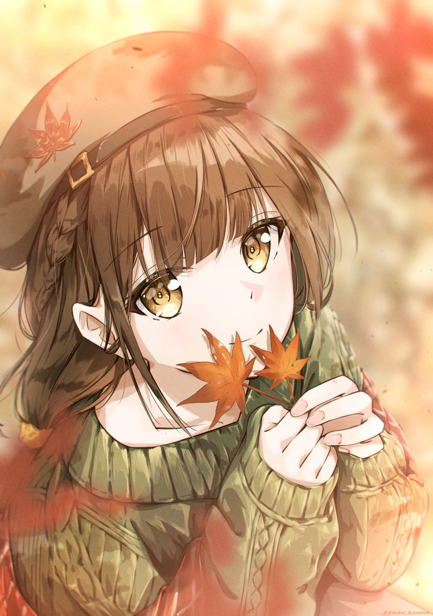 1girl solo brown hair hat sweater autumn leaves holding leaf  illustration images