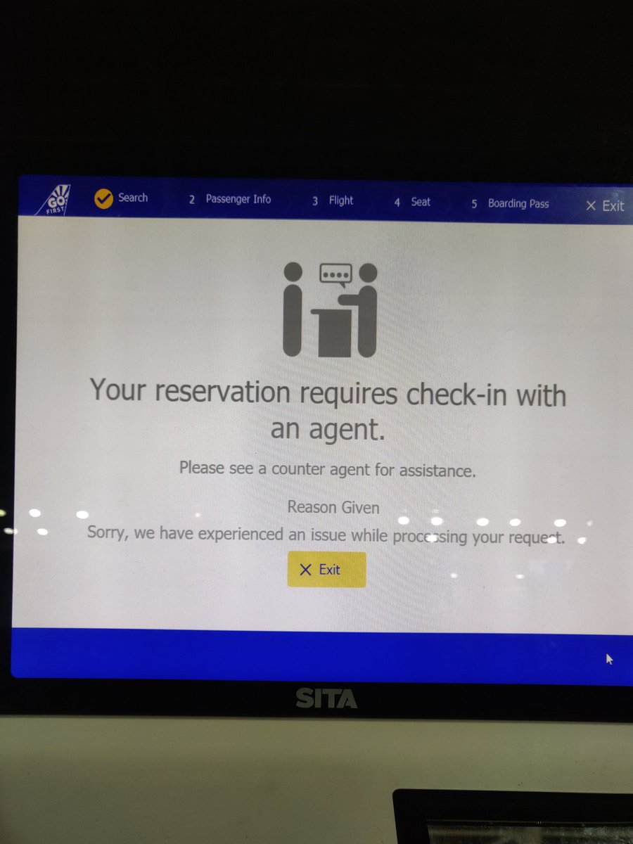 Dagabaaaz's tweet photo. @GoFirstairways This is the message I received on every single kiosk. How does a passenger ensure they check in and board on time? And in case we miss the flight due to your mismanagement, who's to pay? Looks like one must suffer first to fly with GoFirst. https://t.co/F1xEKEU3o7