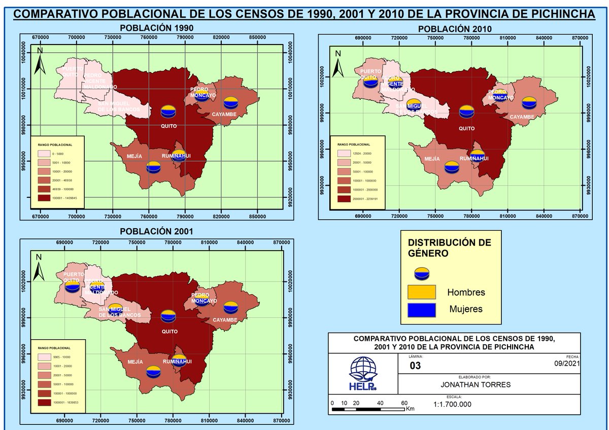 Jhon_ftr's tweet photo. Mapa de Población de la Provincia de Pichincha de los censos 1990, 2001, y 2010. Desarrollado en el curso de ArcGis en @HelpGIS. #Mapa_Temático https://t.co/i14R3bMIXd