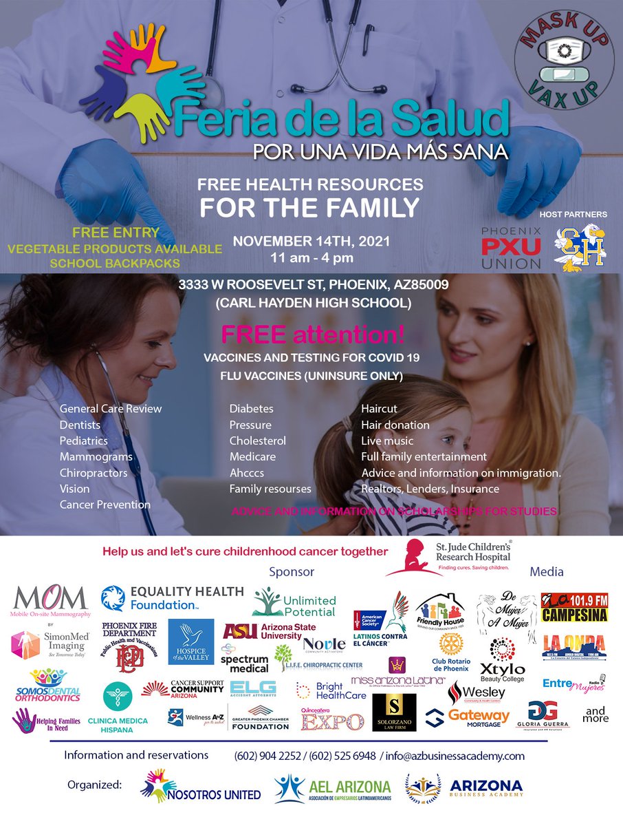 ATENCION! todos invitados a Feria de Salud Nosotros 2021
Noviembre 14 desde 11am en 3333 W Roosevelt Ave, Phoenix, AZ.
Vacunas y pruebas para covid19
Vacunas para la gripe (solo sin seguro). Chequeos generales de salud
#health #salud #FeriaDeSalud #arizona #family #community