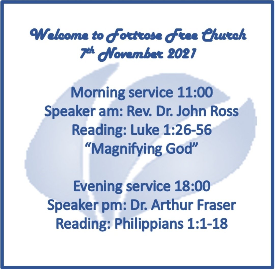 We welcome Rev. Dr. John Ross and Dr. Arthur Fraser to our pulpit this weekend. All welcome.
If you are unable to join us in person our morning services are live streamed. Please get in touch for any further details.

#fortrosefreechurch #services #blackisle #Luke1 #Philippians1