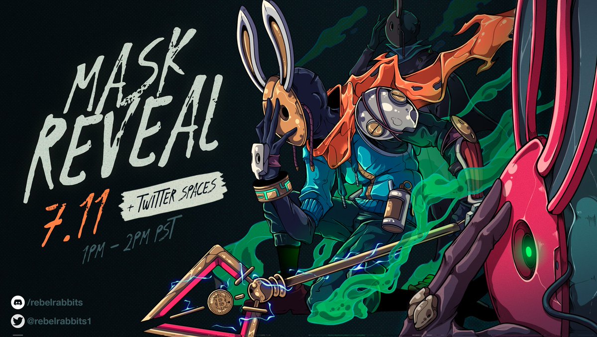 Clubhouse Takeover session done... 

Twitter Space's Mask  Reveal party up next!!!

Come join the team for more QnA, Mask giveaway raffle and a free downloadable piece from <a href="/_el_mute_/">MUTE</a> for attendees 

Nov 7th 1-2pm PST here on the <a href="/RebelRabbits1/">Rebel Rabbits</a>
Acc

We Are The Uprising 

#WATU