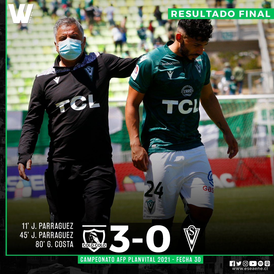 eseaenecl's tweet photo. Santiago Wanderers de Valparaíso cae derrotado por 3 a 0 en el Monumental y la misión de mantener la categoría se vuelve casi imposible. A terminar dignamente el campeonato y seguir apoyando en las gradas ¡Vamos Decano! #SWvsCC #ElWanderersDeLaGente #SW2021. https://t.co/1bSvnD2T91