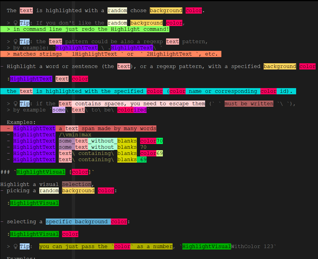 solyarisoftware's tweet photo. I just updated Highlight.vim
my vim editor plugin to hightlight words, texts/regexps/visual selections, with random or selected colors:
https://t.co/Sb4qjGCmeR
Possible usages:
- visual highlights purposes
- tool for NLP annotations (NER, etc.)
#vim #editor #plugin #vimscript https://t.co/xuVwKIgQXg
