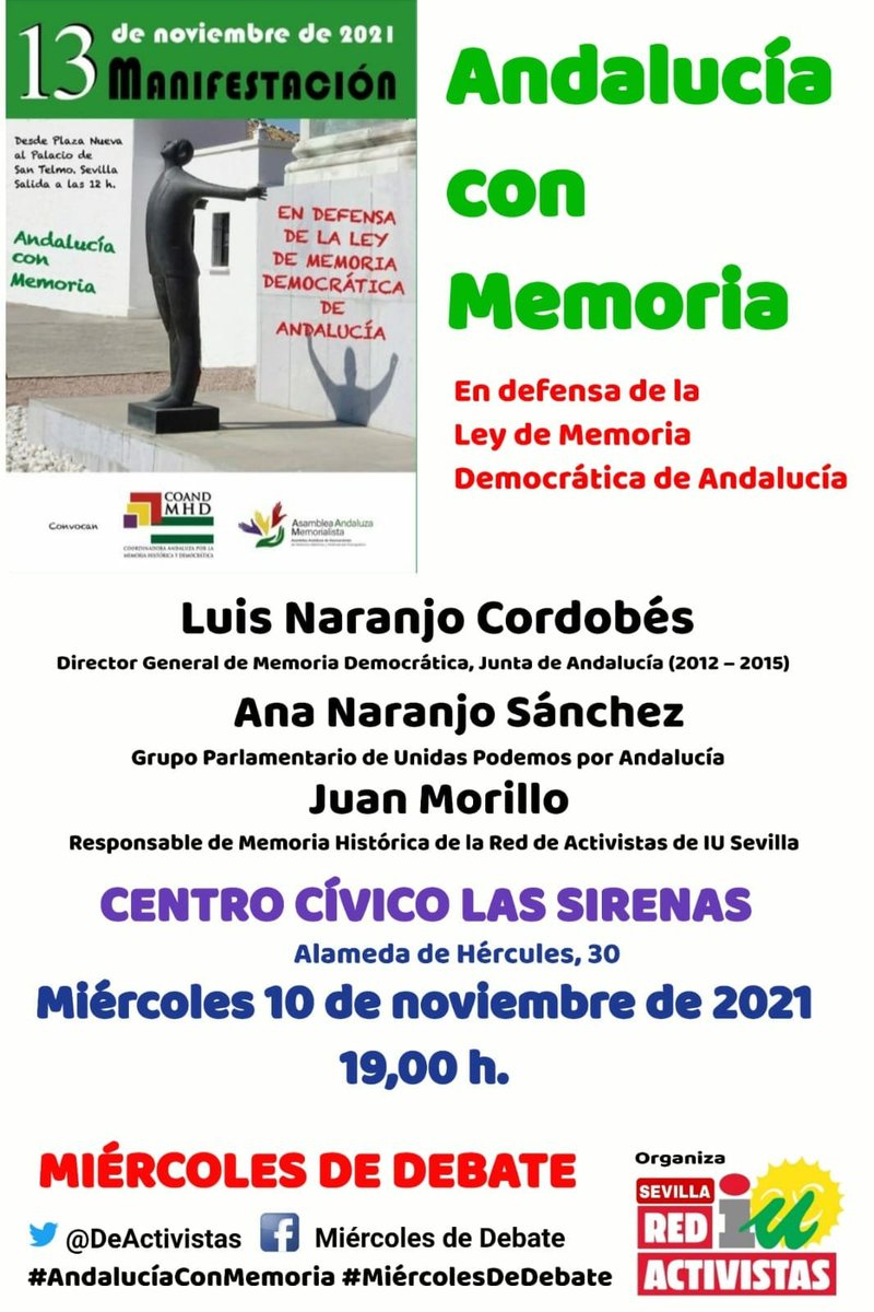 DeActivistas's tweet photo. Esta mañana, pegada de carteles madrugadora. El #ForoDeDebate de nuestra Red de Activistas organiza este importante acto este miércoles en el marco de la manifestación del #13N reivindicando la Ley de la Memoria Democrática de #Andalucia 10 de noviembre. Las Sirenas #Sevilla https://t.co/2y40f81K97
