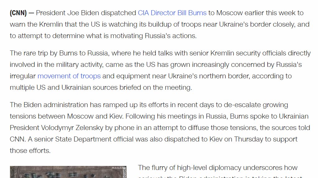 CNN reports CIA Director Bill Burns was sent to Moscow this week to discuss Russia's military activities near the border with Ukraine, and "the Biden administration is more concerned than it was in the spring that Russia could launch an invasion," 21/ https://www.cnn.com/2021/11/05/politics/bill-burns-moscow-ukraine/index.html