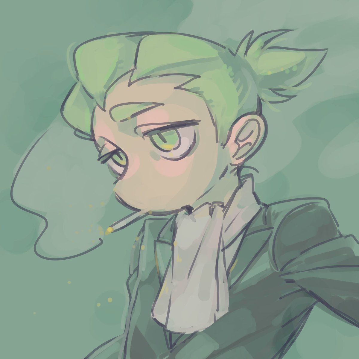 1boy solo male focus green hair green eyes smoking ascot  illustration images