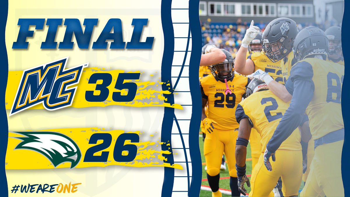 Merrimack_FB's tweet photo. WARRIORS WIN!! 

Elliott throws for 231 and three TD’s. Samson finishes the game with a career-high 23 total tackles on the afternoon. 

We get back to action next week against Saint Francis PA! 

#MackTough // #GoMack https://t.co/y0SwRD7dOI