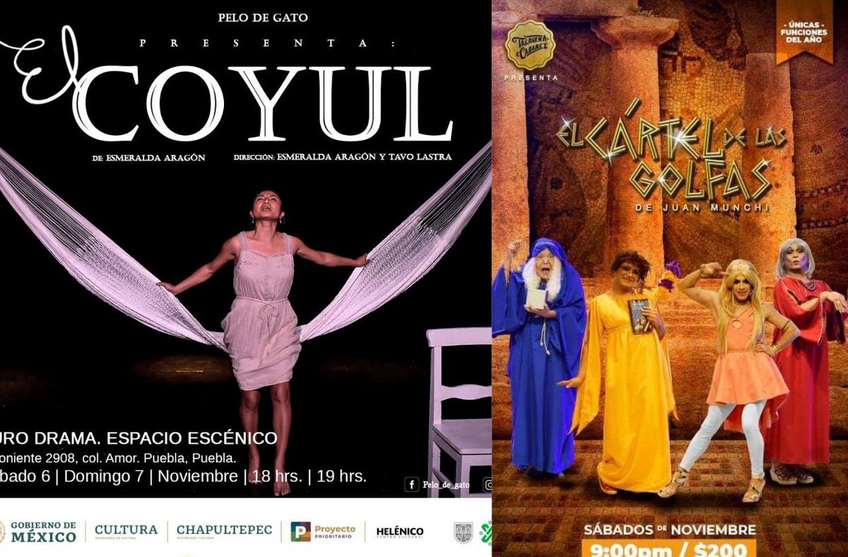 ⭐FIN DE SEMANA DE TEATRO en #PuroDrama ⭐.

⭐"EL COYUL" (Oaxaca).
➡Sábado 6 de noviembre. 
6PM.
➡Domingo 7 de noviembre.
7PM.
🎟$100.

⭐ "EL CÁRTEL DE LAS GOLFAS" (Teatro Cabaret).
Sábado 6 de noviembre.
🕘 9PM.
🎟$200.

¡Te esperamos!