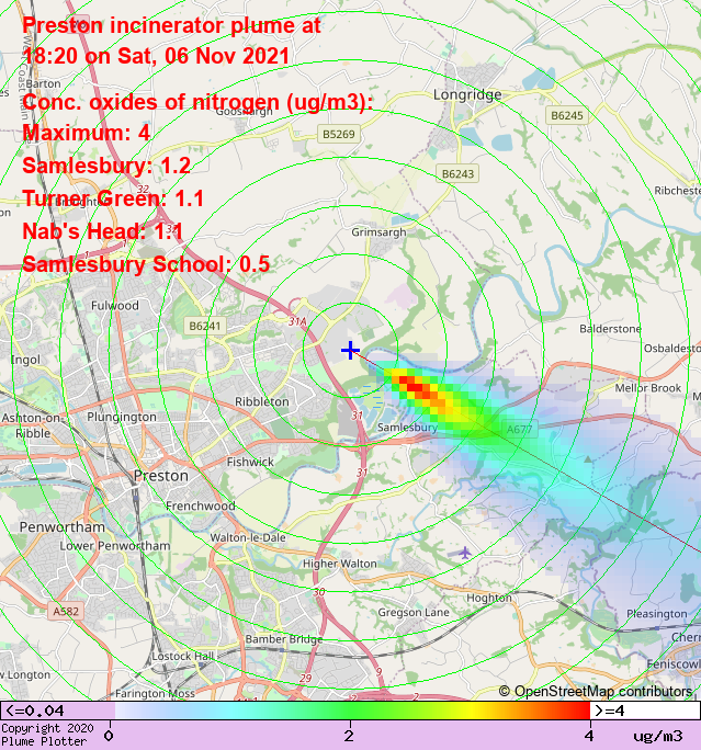 plumeplotter's tweet photo. Latest Preston incinerator plume plot, 18:20 06/11/21 #Samlesbury #TurnerGreen #NabsHead https://t.co/vYUTMnLQDm https://t.co/LHIMM2OP1i
