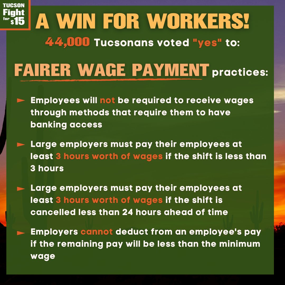 TucsonFor15's tweet photo. Prop 206 is more than a $15 minimum wage. With the passing of this proposition, workers will receive higher wages, wage protection, and fairer payment! https://t.co/VPkzzilsSG