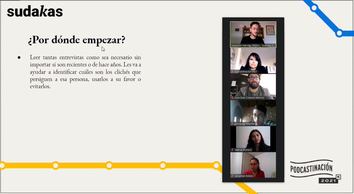 SaraTrejos's tweet photo. En el taller de entrevistas con @EseNarvaez en @_Podcastinacion. Todavía pueden registrarse para la sesión que tenemos mañana con @mromerof de @Genteqhacecine https://t.co/lL7Yu3OZ9i
