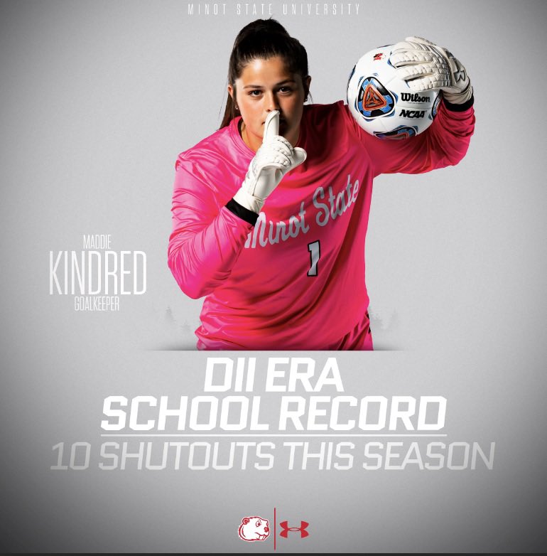 MSUBeaversSOC's tweet photo. BRICK. WALL. 

With last night’s shutout, Maddie Kindred has broken the Minot State Record for Shutouts in a Single Season!

#BuildtheDam | #OnwardBeavers https://t.co/JAcetaFt53