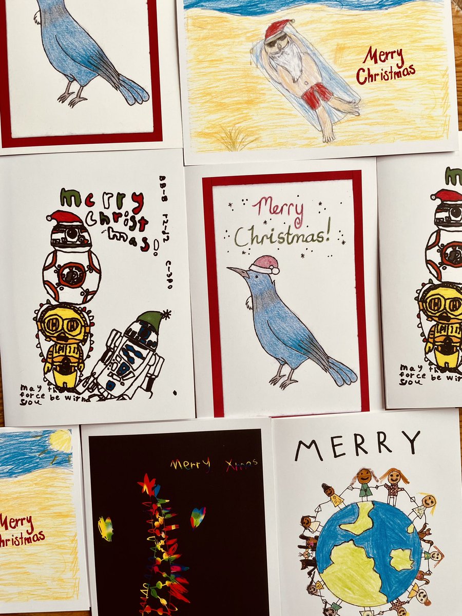 tanyabatt's tweet photo. Writing Christmas cards. It’s the ‘vinyl’ of correspondence. Order cool Children’s art Xmas cards $10 for 5 or $20 for 10. Proceeds go to Waiheke community. https://t.co/Rwo63bovwU