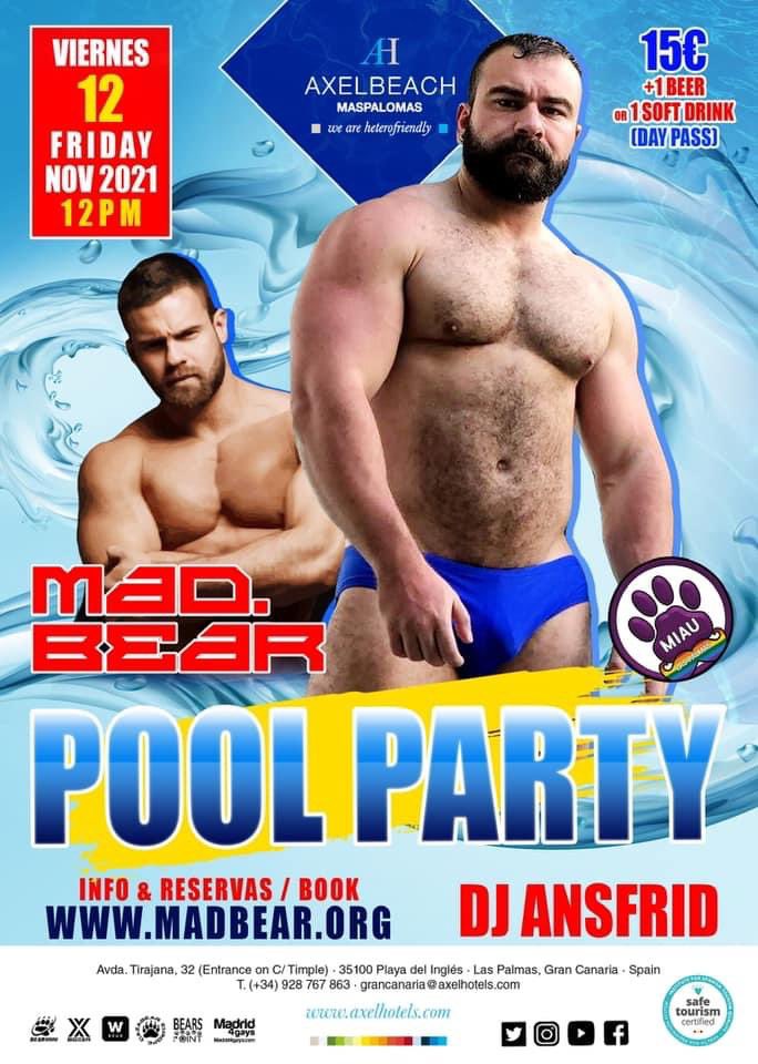 madbearspain's tweet photo. 💥BOOM!
POOL PARTY MASPALOMAS
Hotel Axel Beach 
Viernes 12 Friday / Nov 2021 / 12pm
Dj Ansfrid
Ven a disfrutar de la mejor fiesta de la isla!!!
(Axel Beach: Calle Tirajana, 32)
Info y Reservas/ Ticket https://t.co/LMoZh2SnMt
Organizan: Madbear y Miau Las palmas. https://t.co/Bn4CgqlZ4F