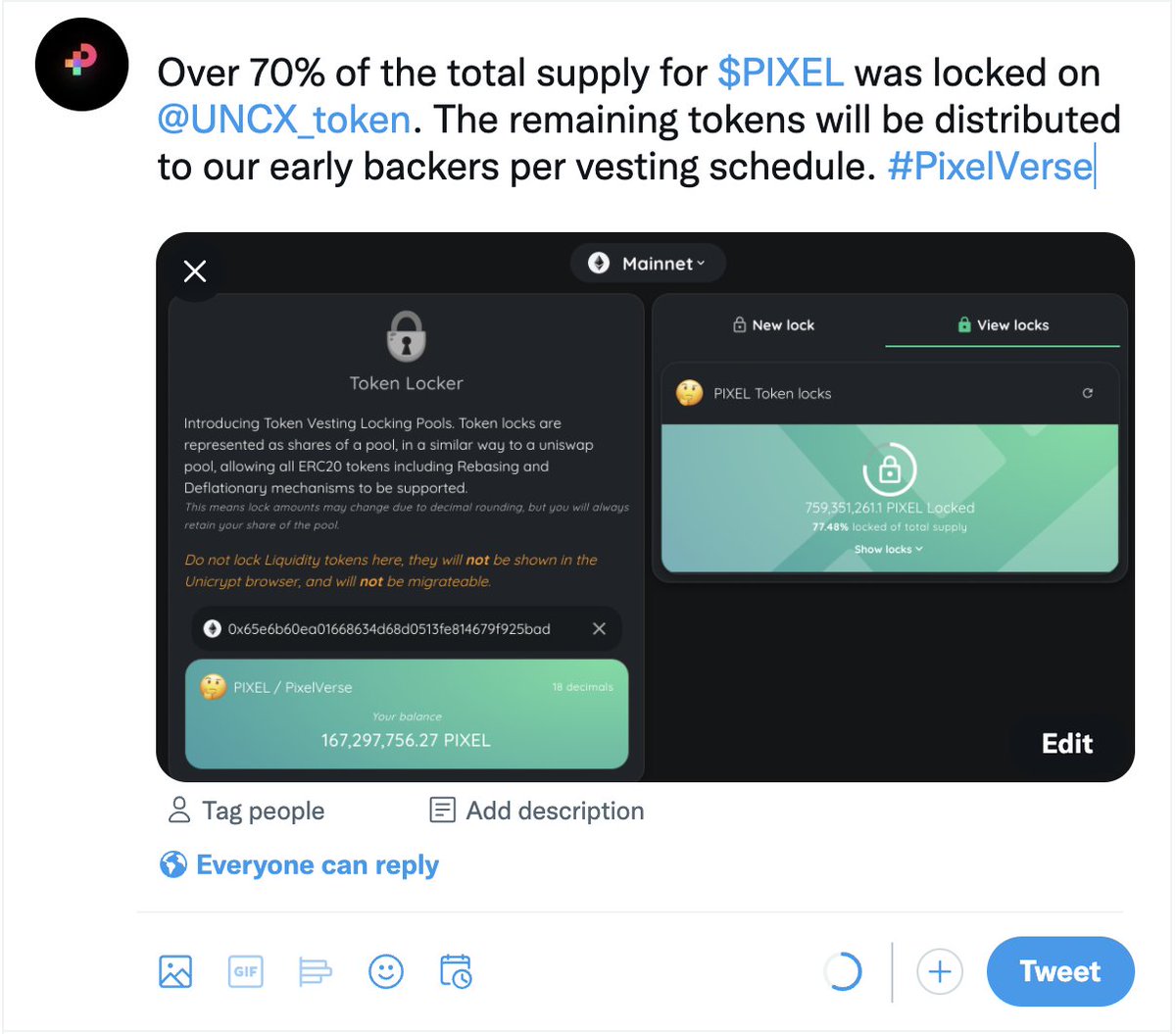 Over 70% of the total supply for $PIXEL is now locked on @UNCX_token.  Remaining tokens will be distributed to our early backers per vesting  schedule #PIXELVERSE 🔒