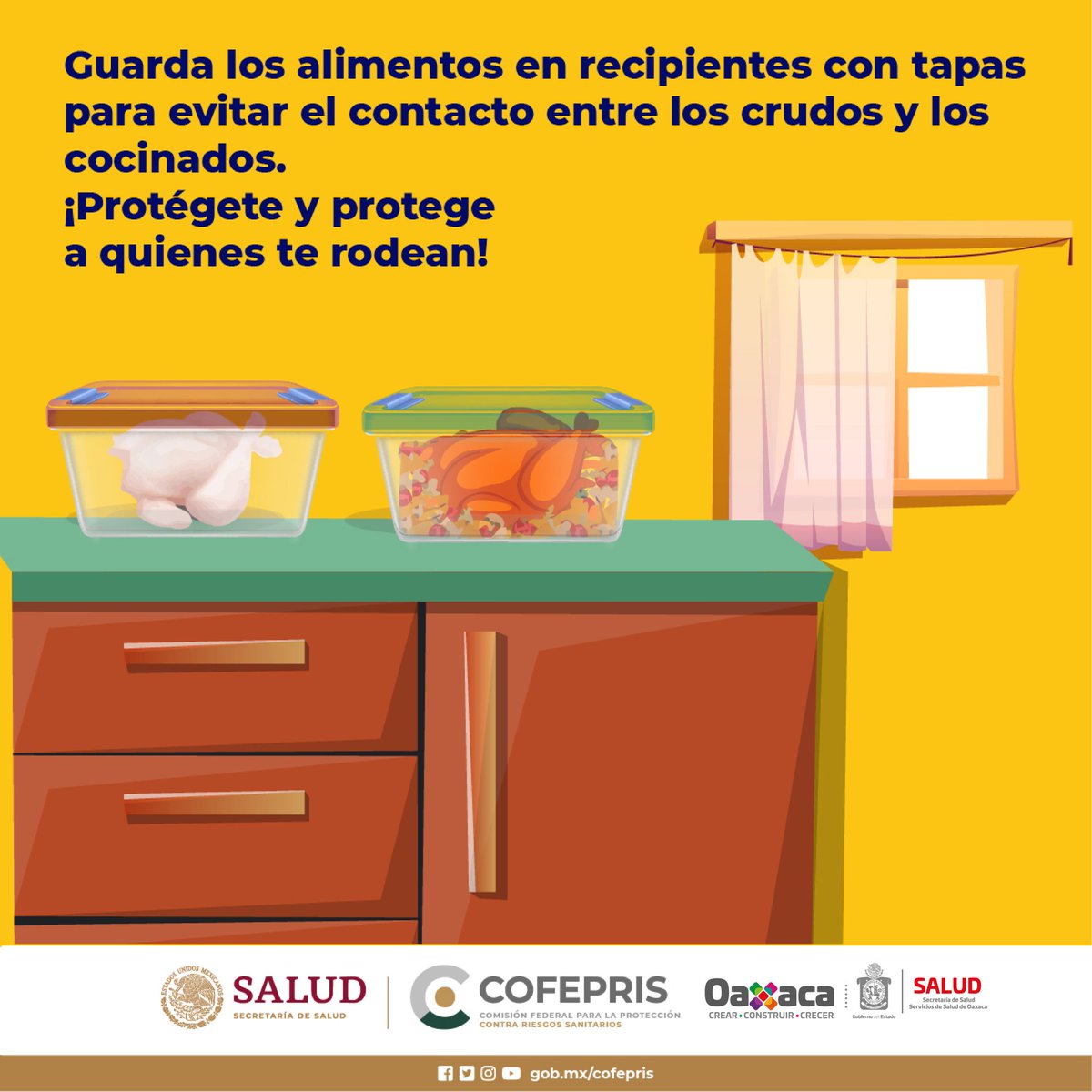 SSO_GobOax's tweet photo. #QueNoSeTePase Guarda los alimentos en recipientes con tapas para evitar el contacto entre los crudos y los cocinados. 

¡Evita riesgos! https://t.co/4fvf0ma2ny