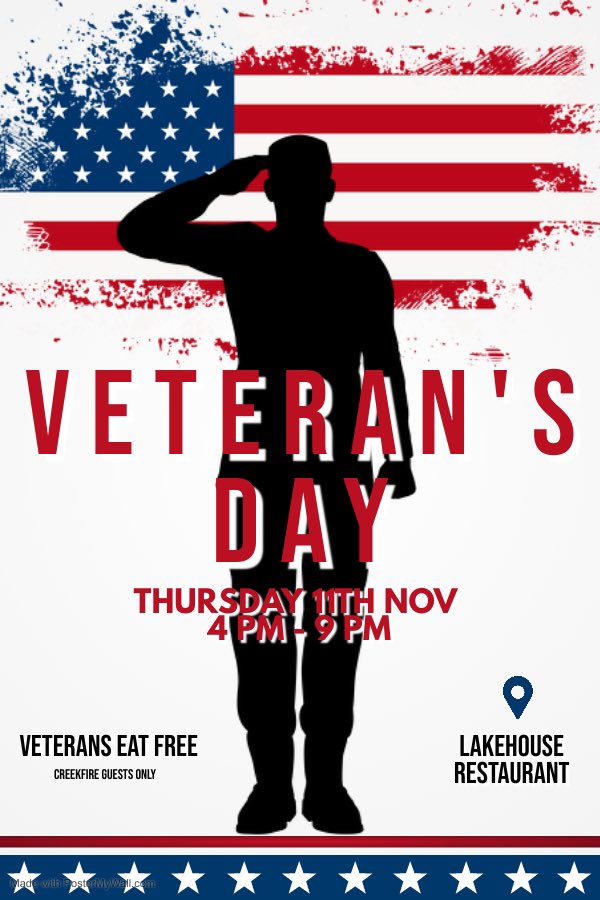 On November 11th our LakeHouse Restaurant will be giving all in house guests that are veterans a free meal! 

Thank you for your service 🇺🇸

#VeteransDay2021 #VeteransDay #thankful