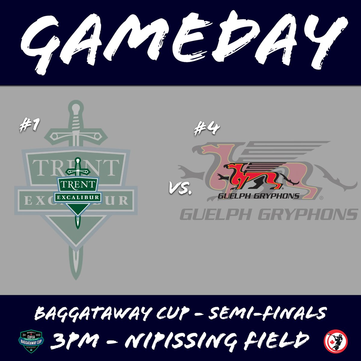 CUFLAlacrosse's tweet photo. Game on! Semi-Final 1 is underway here in North Bay. #BaggatawayCup #CUFLA https://t.co/J49EwyIan9