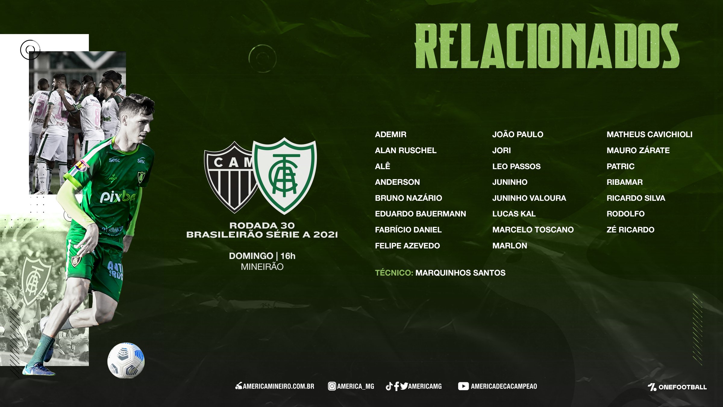 Confira a lista dos jogadores do Coelho relacionados para este clássico diante do Atlético. Fonte: América FC/Twitter