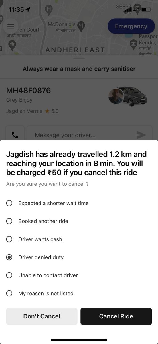 ravinagars's tweet photo. Booked Ola SUV at Mumbai airport, driver Jagdish Verma called, only interested in where to go. When told, says cancel karo. When I asked him to, says “theek hai fir wahin aaram karo” &amp; disconnected. Rs50 charged! So unfortunate! Opportune time yet Ola seems sinking.
#Ola #Olacabs https://t.co/r0QrWUnbTi